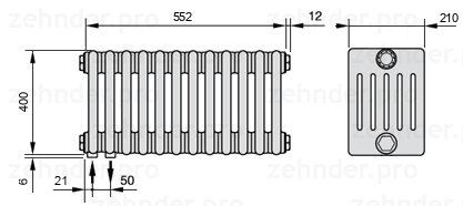 Схема (чертеж) Радиатор Zehnder Charleston 6040/12 №3370 Белый глянцевый RAL 9016